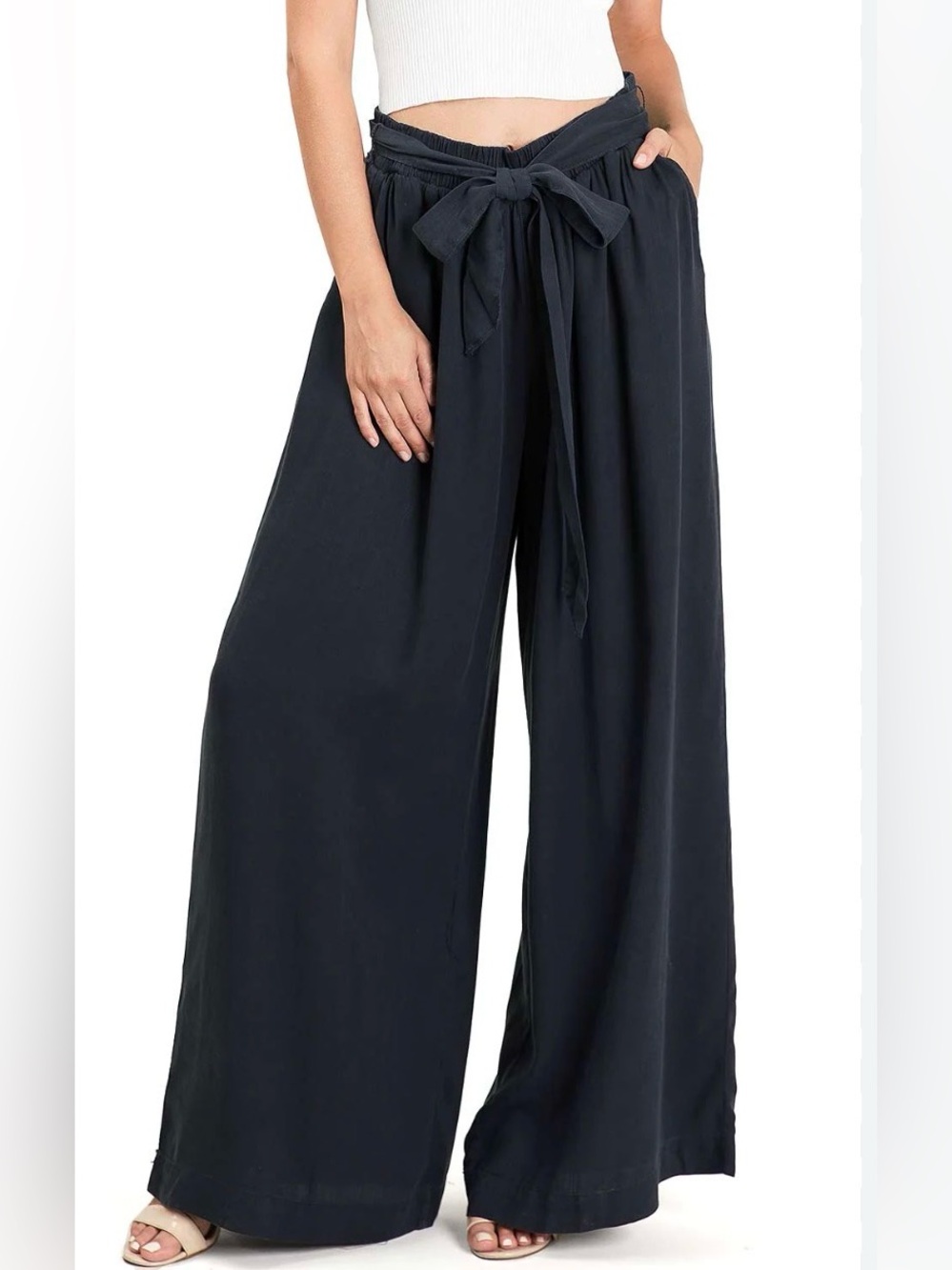 High-Waist Black Wide-Leg Jumpsuit Pant with Self-Tie small